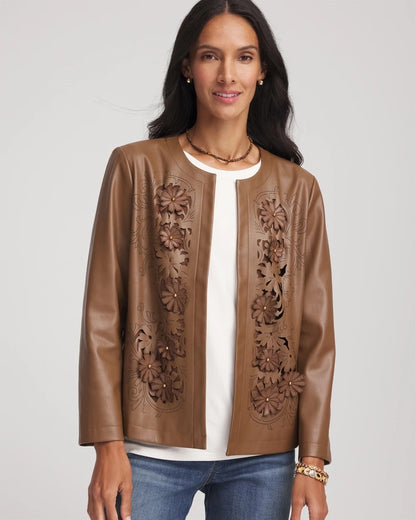 Chico's Trusted - Floral Cutwork Faux Leather Jacket Chocolate Truffle