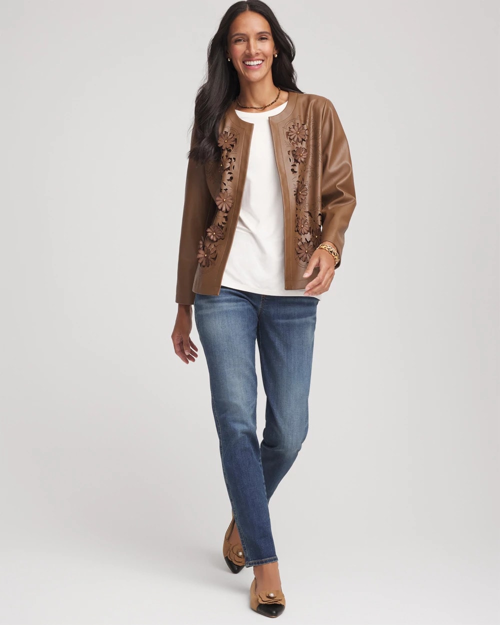 Chico's Trusted - Floral Cutwork Faux Leather Jacket Chocolate Truffle