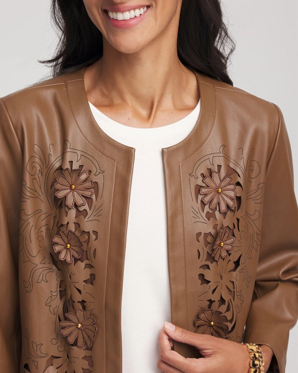 Chico's Trusted - Floral Cutwork Faux Leather Jacket Chocolate Truffle
