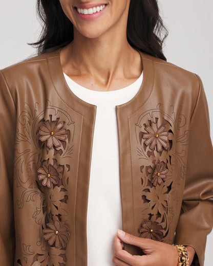 Chico's Trusted - Floral Cutwork Faux Leather Jacket Chocolate Truffle