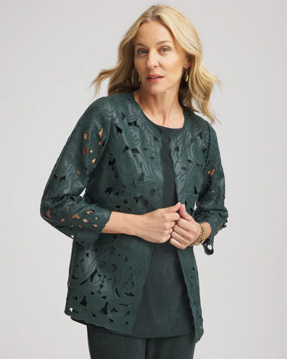 Chico's Deals - Travelers™ Collection Faux Leather Floral Jacket Darkest Spruce
