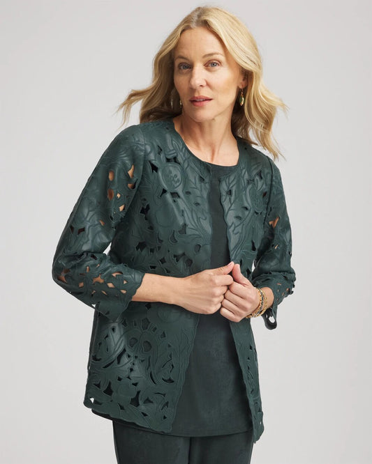 Chico's Deals - Travelers™ Collection Faux Leather Floral Jacket Darkest Spruce