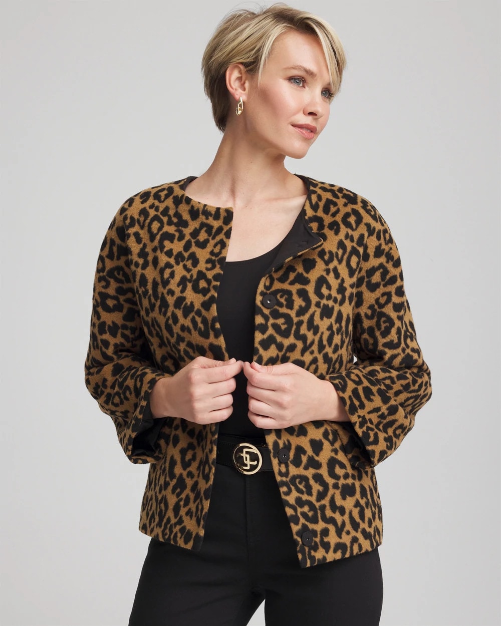Chico's Signature - Fuzzy Collarless Animal Print Jacket Camel
