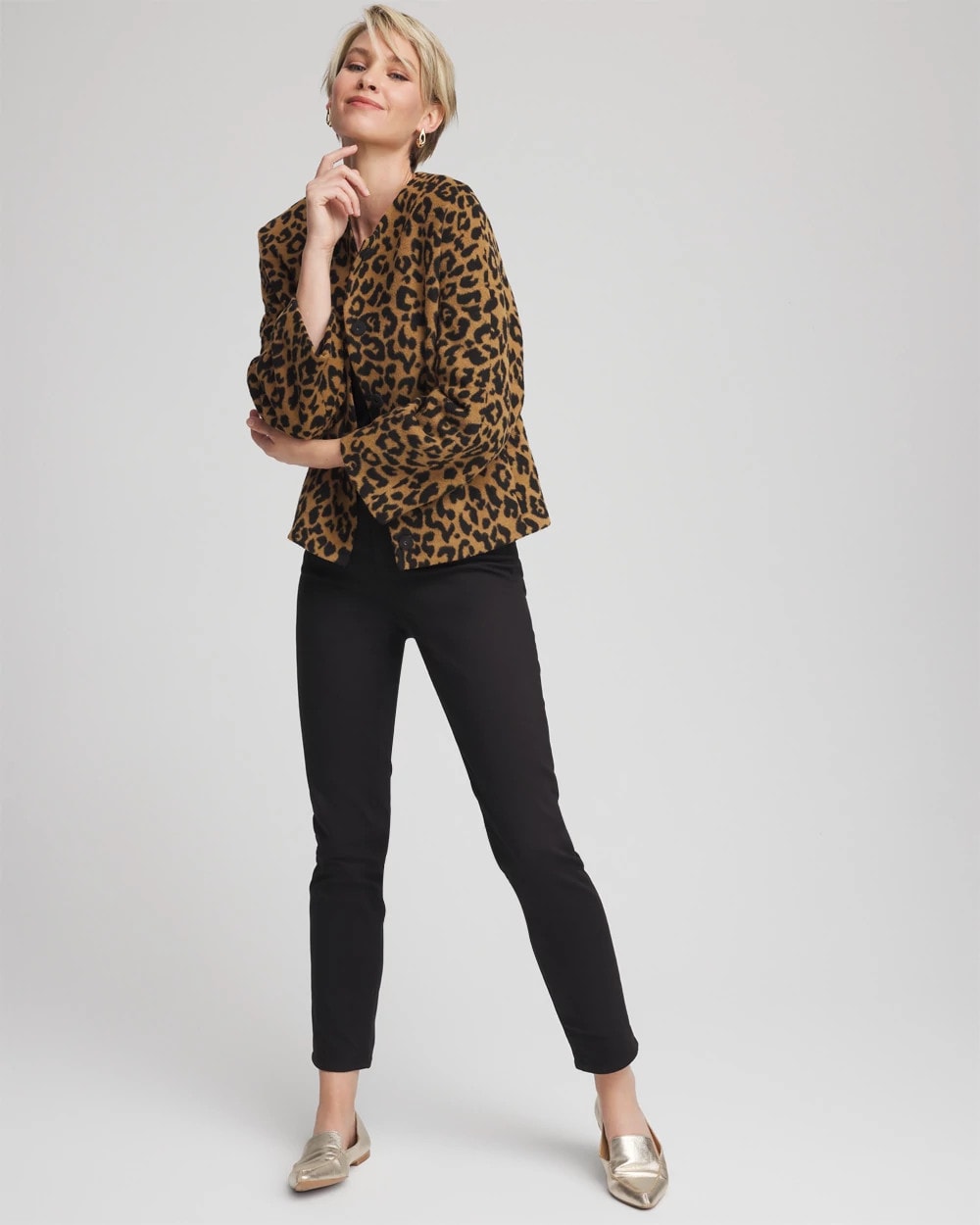Chico's Signature - Fuzzy Collarless Animal Print Jacket Camel