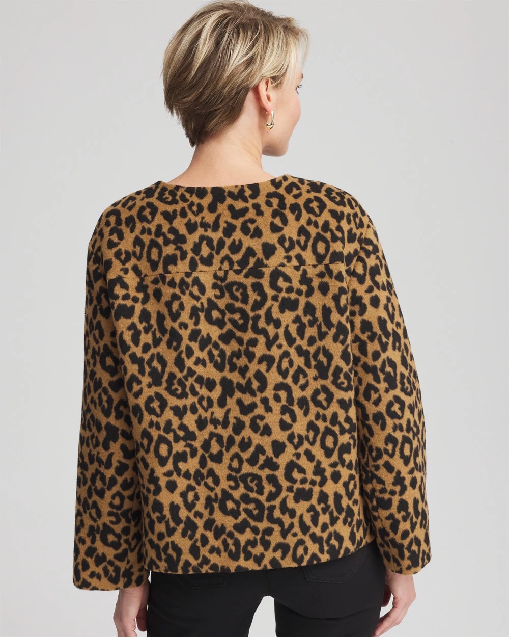 Chico's Signature - Fuzzy Collarless Animal Print Jacket Camel