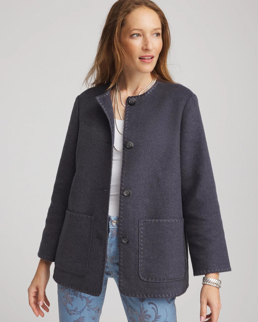 Chico's Classic - Wool Scarf Jacket Dark Denim Heather