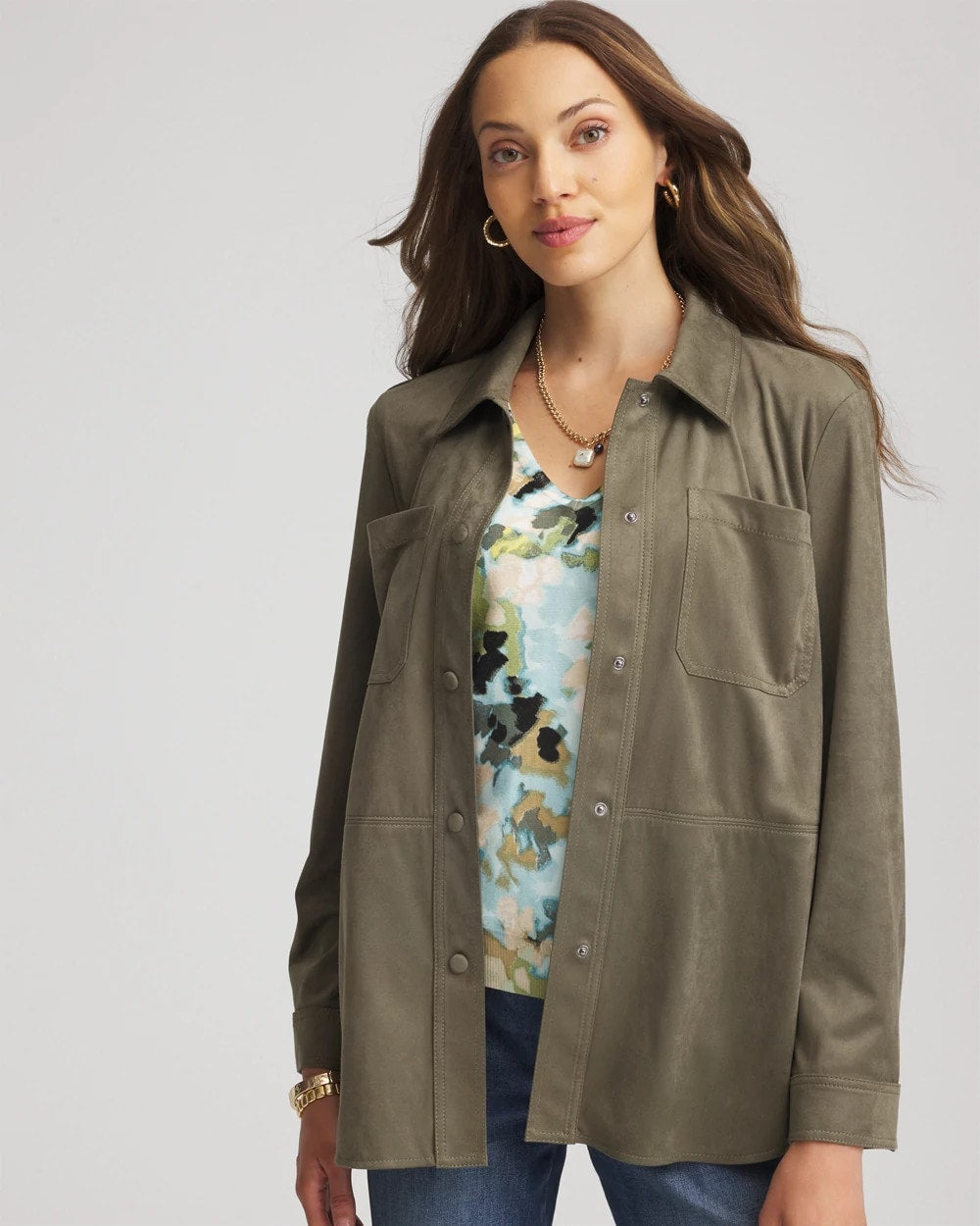 Chico's Special Offer - Suede Collared Long-Sleeved Shacket Nettle Leaf
