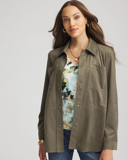 Chico's Special Offer - Suede Collared Long-Sleeved Shacket Nettle Leaf