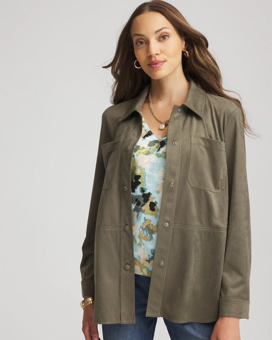 Chico's Special Offer - Suede Collared Long-Sleeved Shacket Nettle Leaf