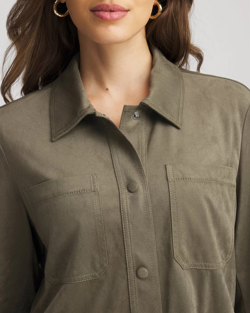 Chico's Special Offer - Suede Collared Long-Sleeved Shacket Nettle Leaf