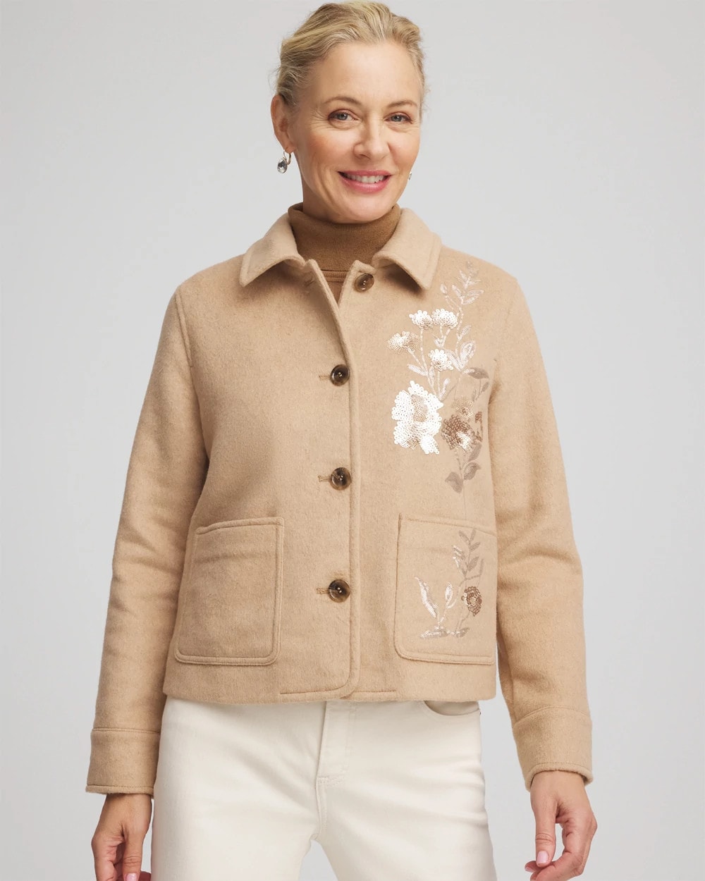 Chico's Value - Embroidered Wool Chore Jacket Light Taupe Heather