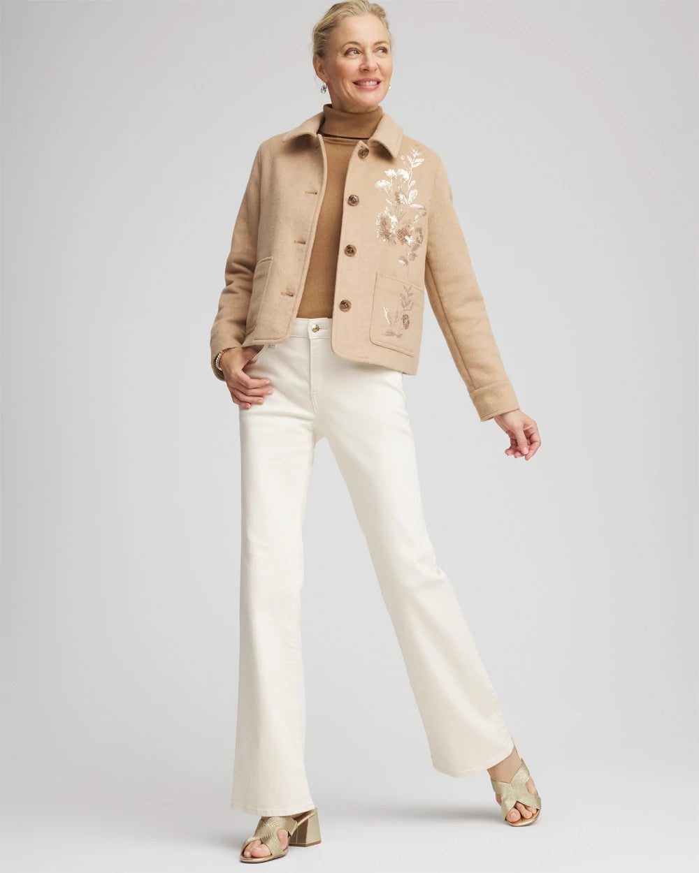 Chico's Value - Embroidered Wool Chore Jacket Light Taupe Heather