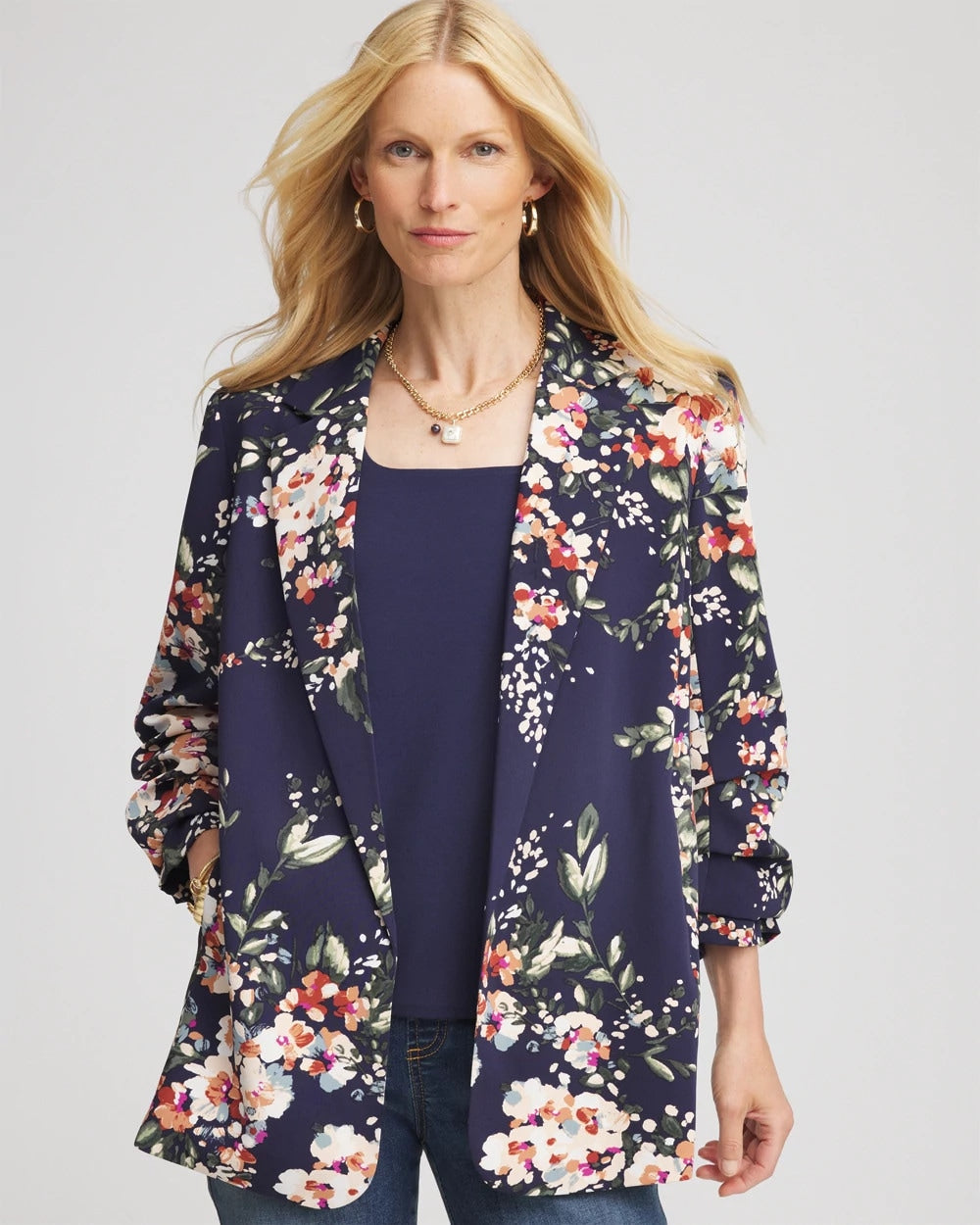 Chico's Best Price - Floral Ruched Sleeve Blazer Passport Blue