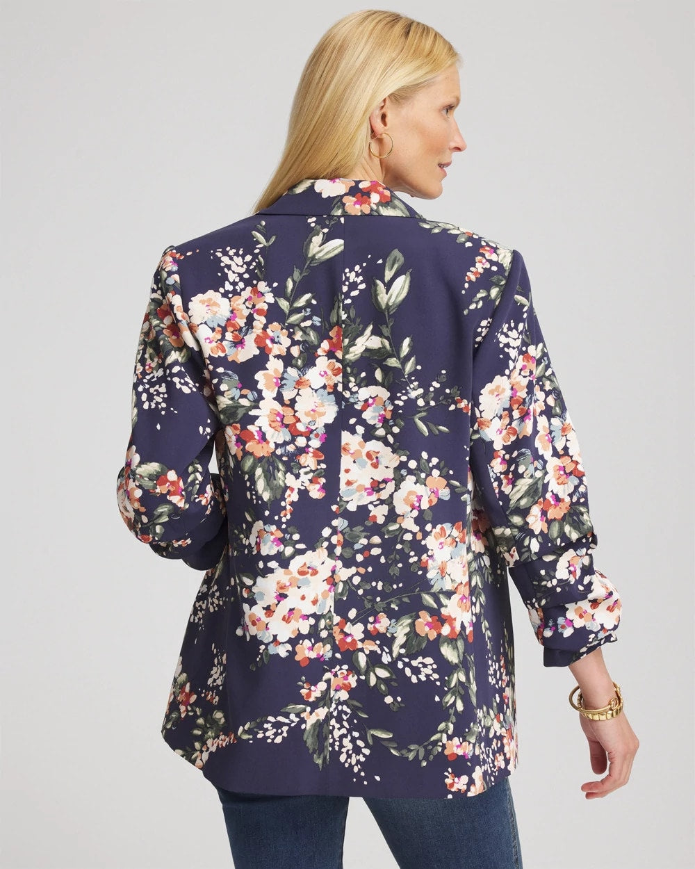 Chico's Best Price - Floral Ruched Sleeve Blazer Passport Blue