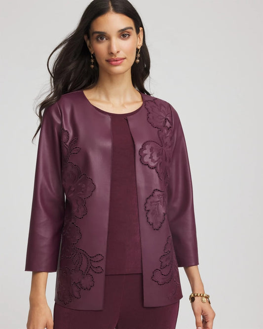 Chico's Trending - Travelers™ Collection Faux Leather Embroidered Jacket Blackened Burgundy