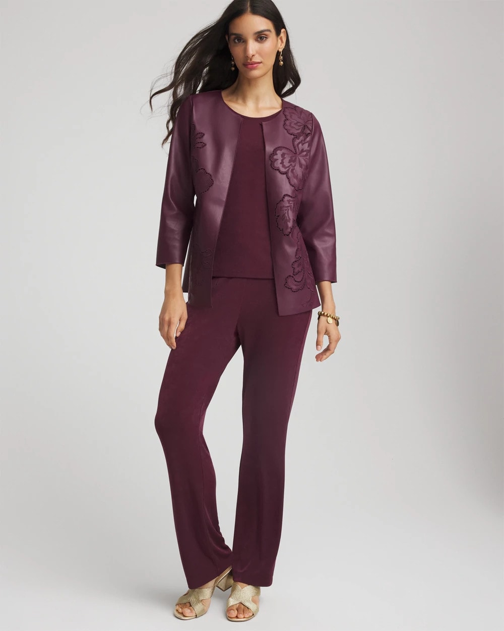 Chico's Trending - Travelers™ Collection Faux Leather Embroidered Jacket Blackened Burgundy