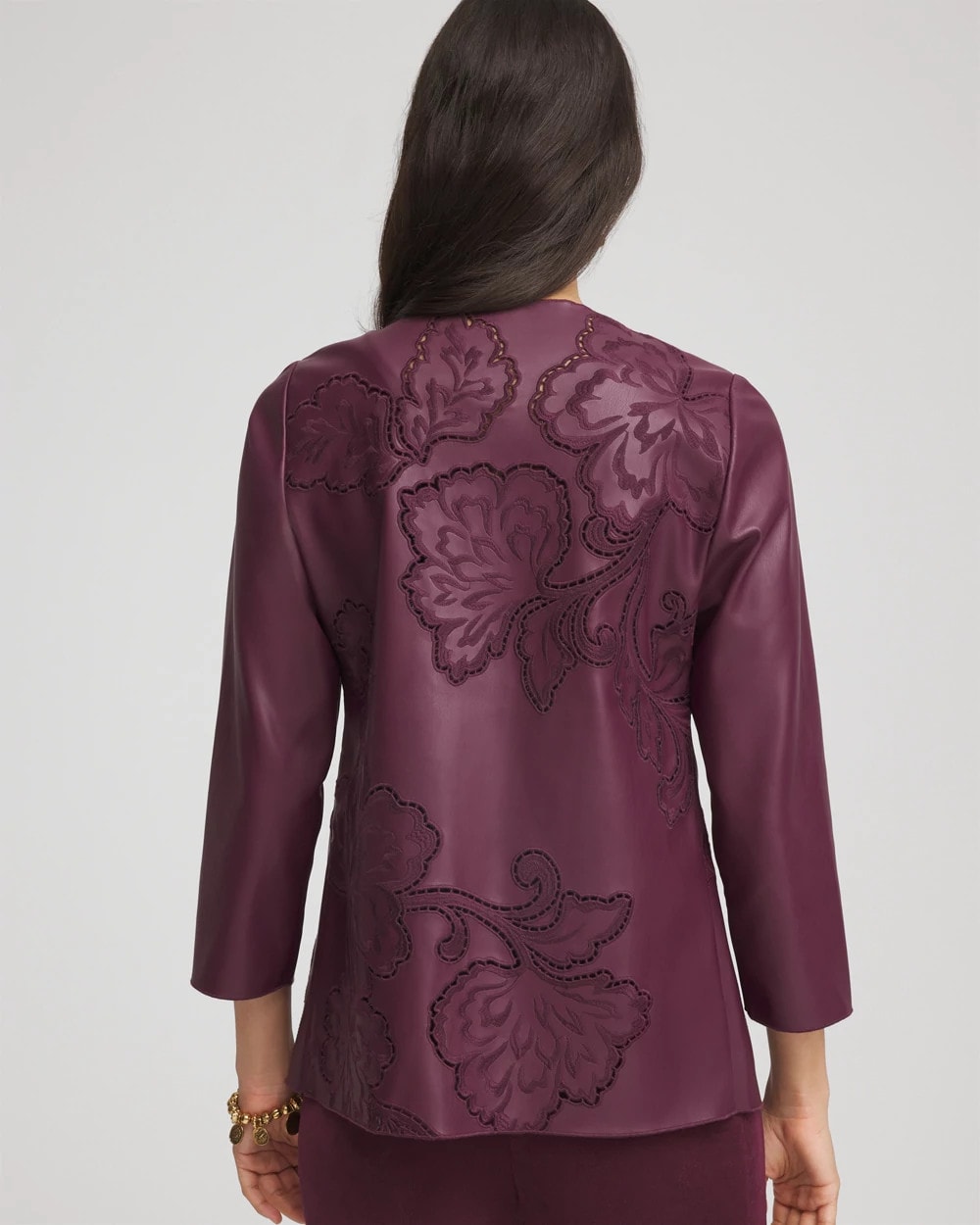 Chico's Trending - Travelers™ Collection Faux Leather Embroidered Jacket Blackened Burgundy