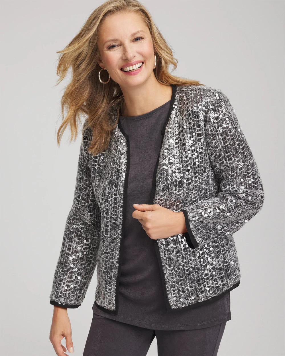 Chico's Quality - Travelers™ Collection Refined Sequins Netted Jacket Serene Gray