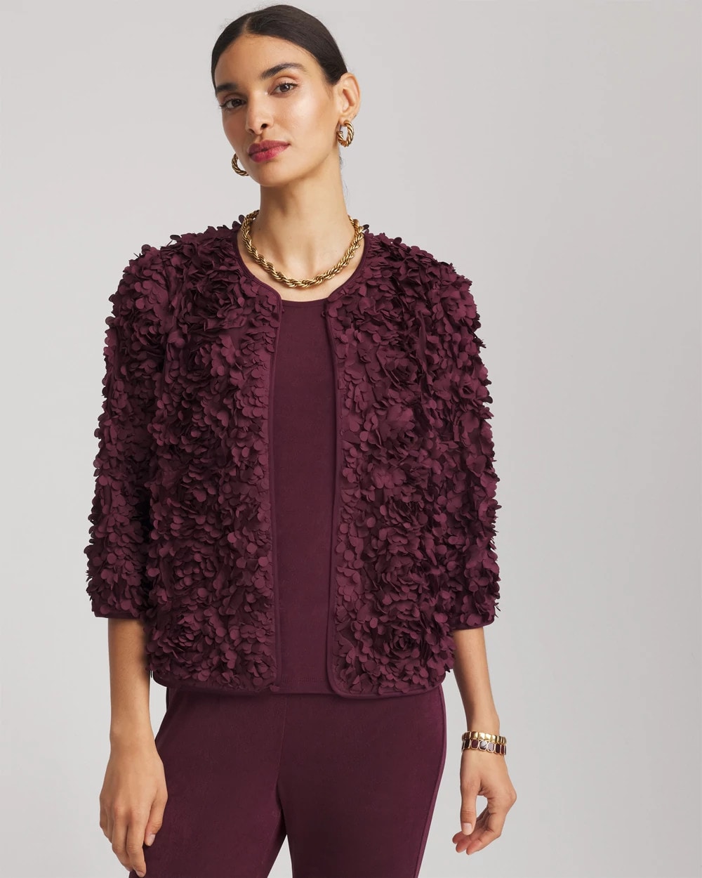 Chico's Customer Favorite - Travelers™ Collection Textured Rosette Jacket Blackened Burgundy