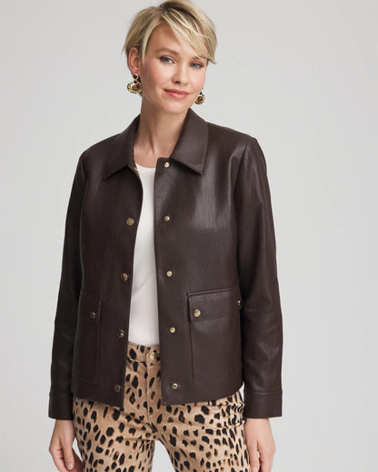 Chico's Essential - Snap Front Faux Leather Jacket Black Raisin