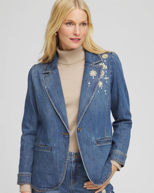 Chico's Special Offer - Pearl Brooch Denim Blazer Kiruna Indigo