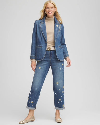 Chico's Special Offer - Pearl Brooch Denim Blazer Kiruna Indigo