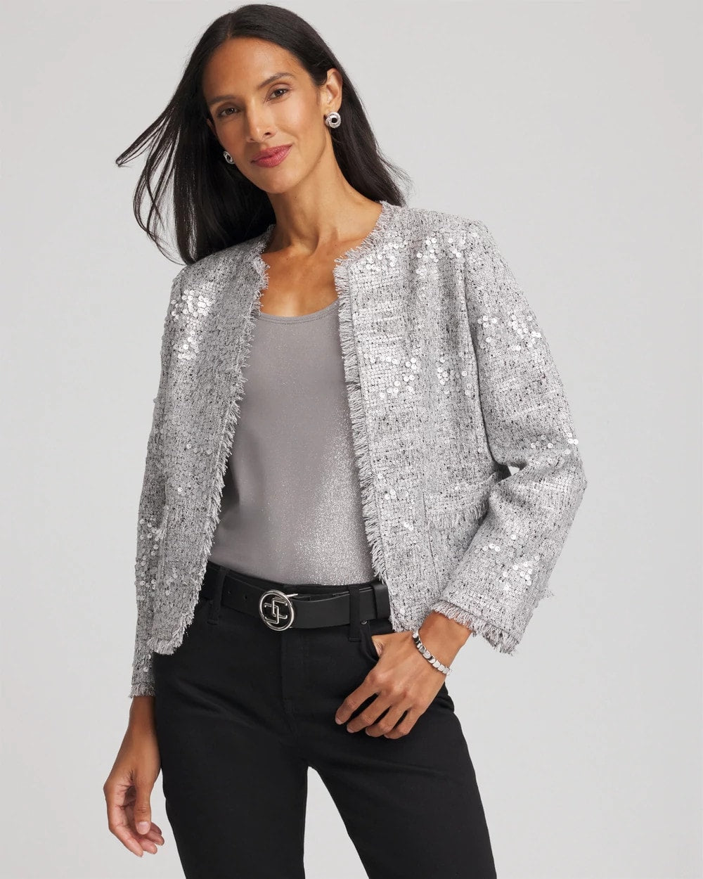 Chico's Top Pick - Silver Sequins Tweed Jacket Silver