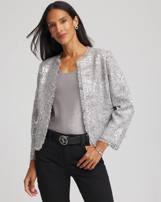 Chico's Top Pick - Silver Sequins Tweed Jacket Silver