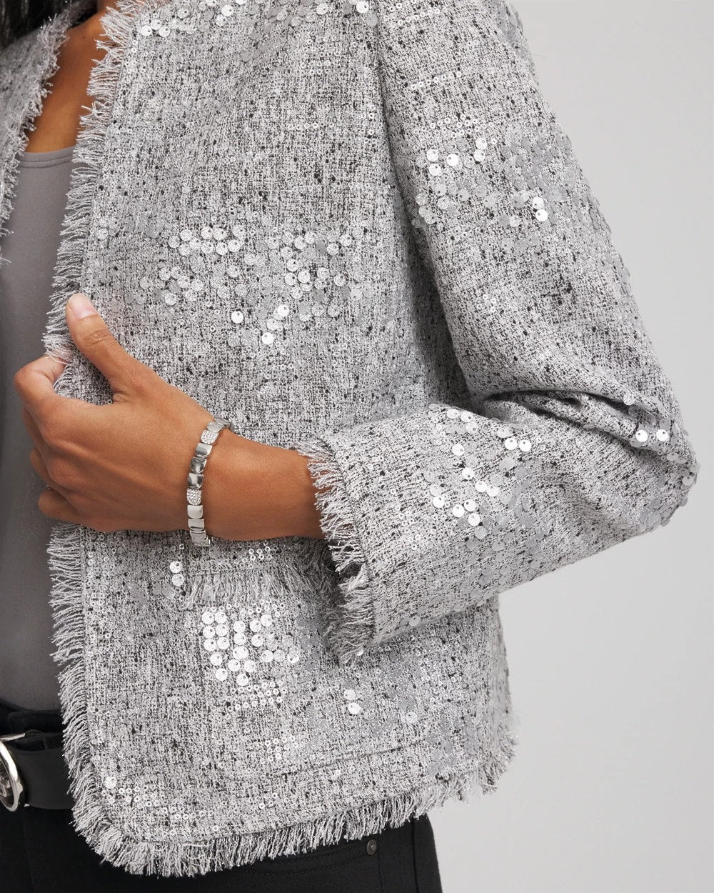 Chico's Top Pick - Silver Sequins Tweed Jacket Silver