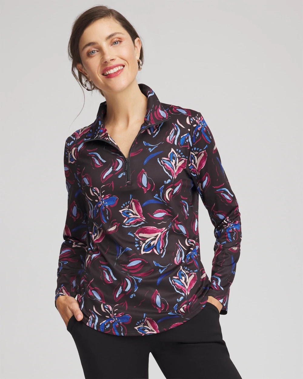 Chico's Featured - Zenergy® UPF Floral Half-Zip Pullover Top Deep Chianti