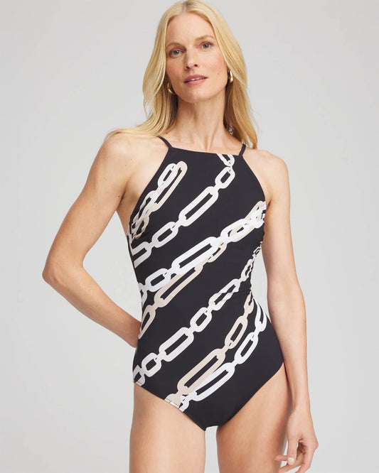 Chico's Everyday - Gottex High Neck Halter Top Swimsuit Black/Natural Cream