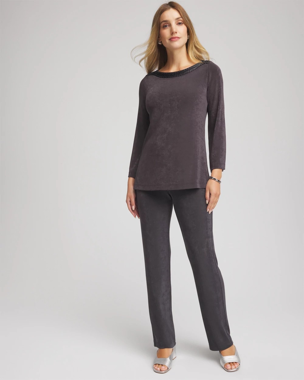 Chico's Sale - Travelers™ Koia Pearl Beaded Tunic Serene Gray