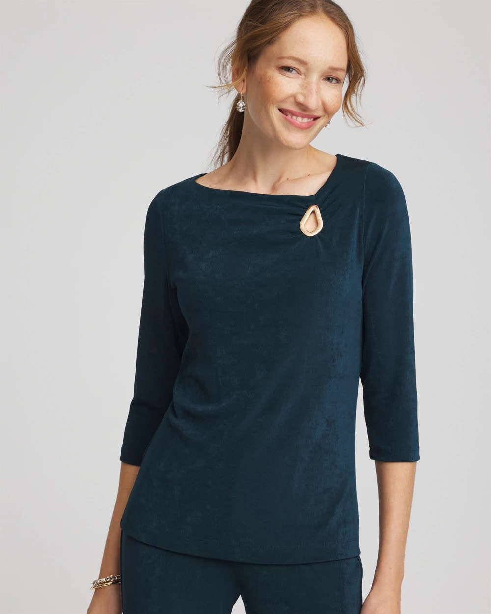 Chico's Exclusive - Travelers™ Asymmetrical 3/4 Sleeve Top Teal Shadow