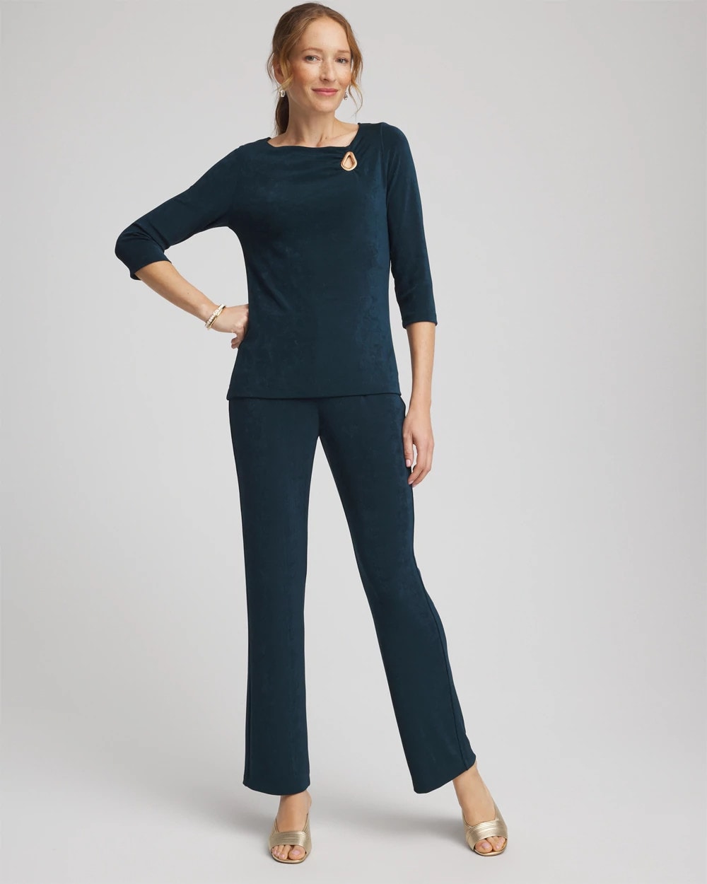 Chico's Exclusive - Travelers™ Asymmetrical 3/4 Sleeve Top Teal Shadow