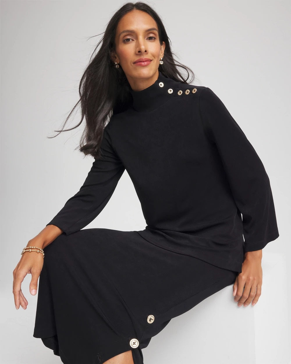 Chico's New - Travelers™ Button Mockneck Top Travelers Black
