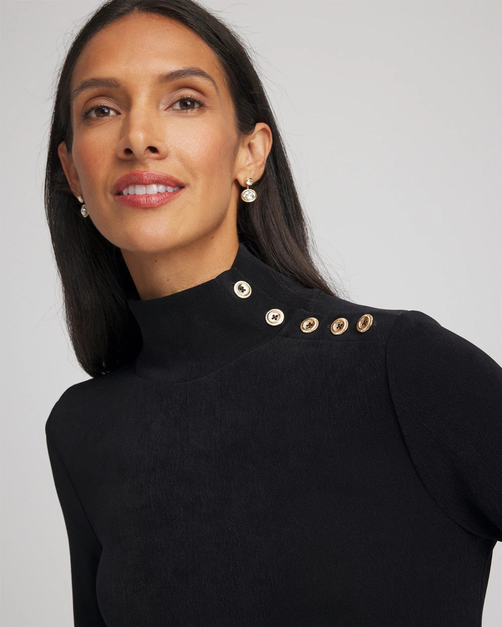 Chico's New - Travelers™ Button Mockneck Top Travelers Black