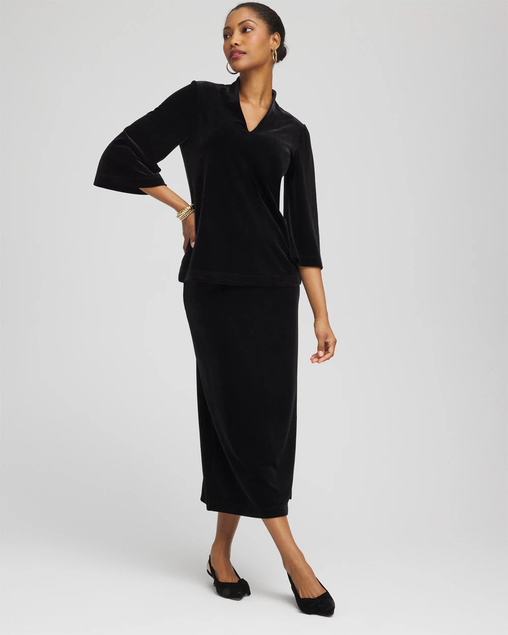 Chico's Classic - Travelers™ Velvet V-Neck Kimono Sleeve Top Travelers Black