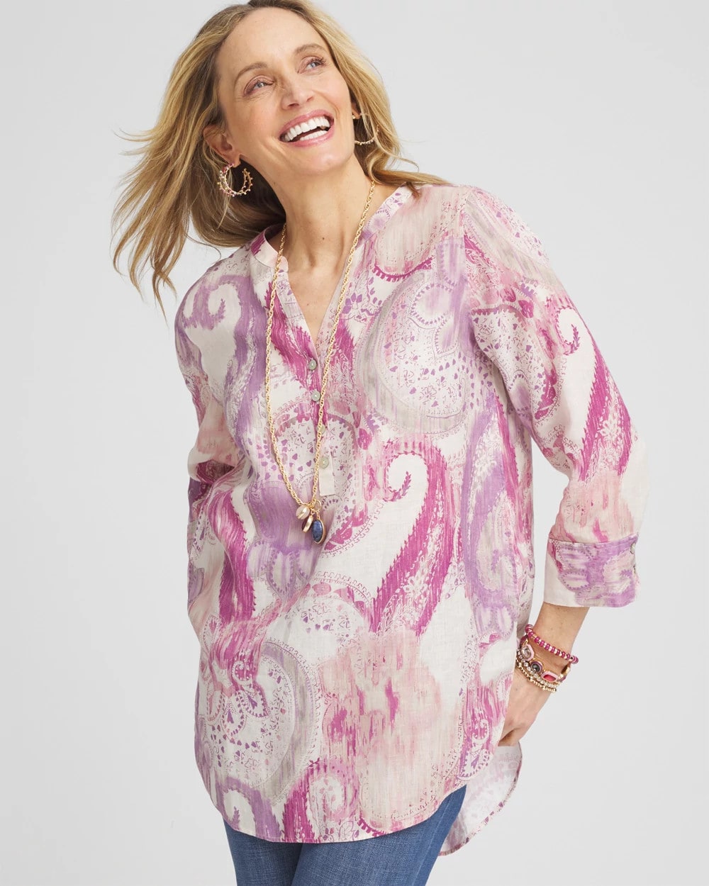 Chico's Premium - No Iron™ Multi Paisley Linen Tunic French Blush