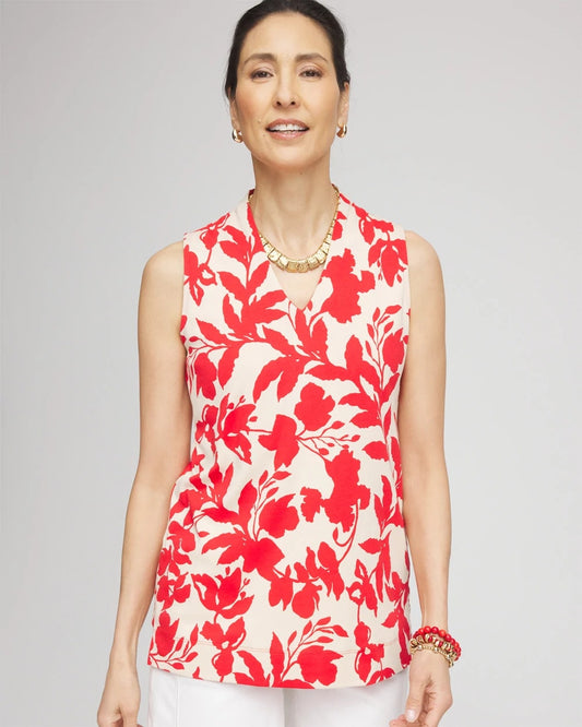 Chico's Top Pick - Floral Sleeveless V-Neck Tunic Glistening Sand