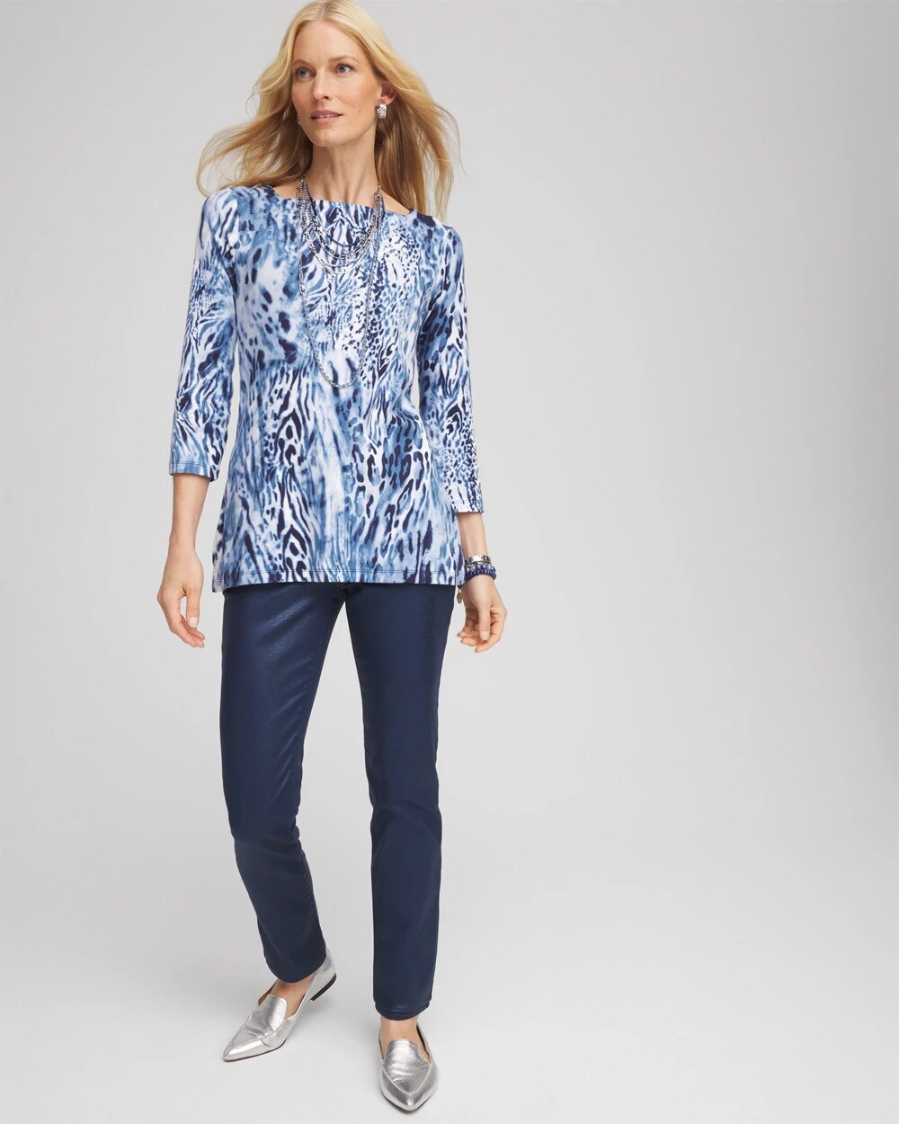 Chico's Quality - Animal Print Square Neck Tunic Classic Navy