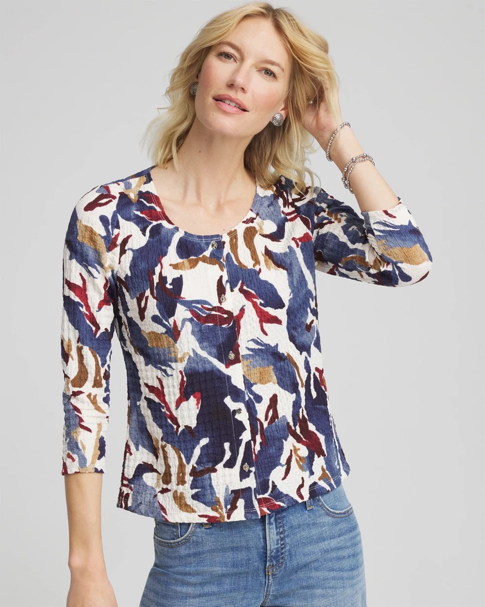 Chico's Sale - Printed Textured Scoopneck Cardigan Ecru