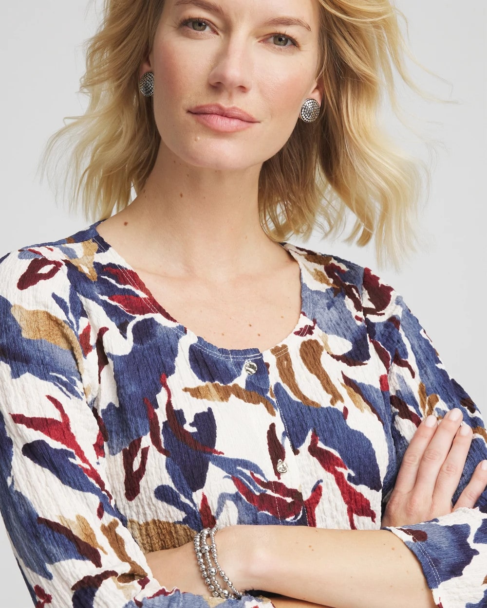 Chico's Sale - Printed Textured Scoopneck Cardigan Ecru